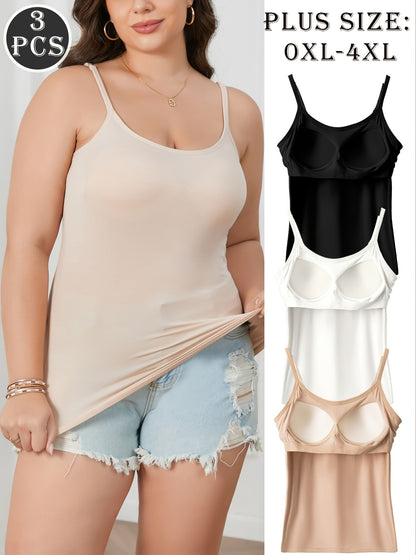 Plus Size, 3pcs Set Plus-Size Women's Camisole Tops with Built-In Bra - Sleeveless Round Neck All-in-One Comfy Loungewear & Day-to-Night Outfits, Adjustable Waist Tie, No Additional Underwear Needed, Beige/Black/White, Hand Washable Casual Wear for Home &