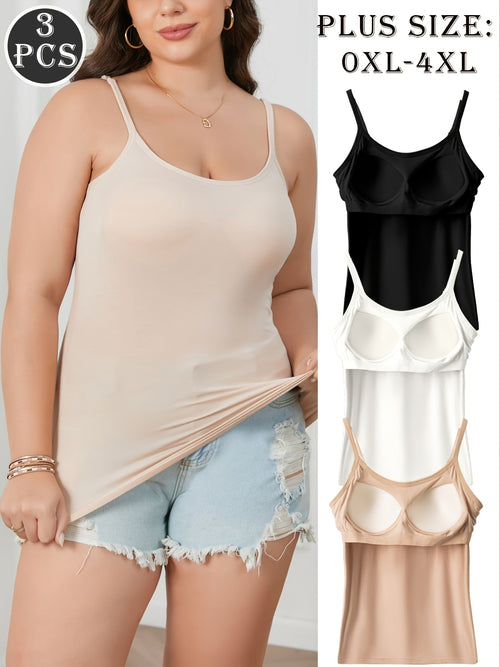 Plus Size, 3pcs Set Plus-Size Women's Camisole Tops with Built-In Bra - Sleeveless Round Neck All-in-One Comfy Loungewear & Day-to-Night Outfits, Adjustable Waist Tie, No Additional Underwear Needed, Beige/Black/White, Hand Washable Casual Wear for Home &