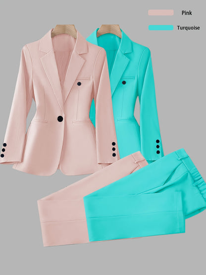 Elegant Women's Suit Set, Fashionable Business Style Solid Color Professional Blazer and Trousers 4pcs Set