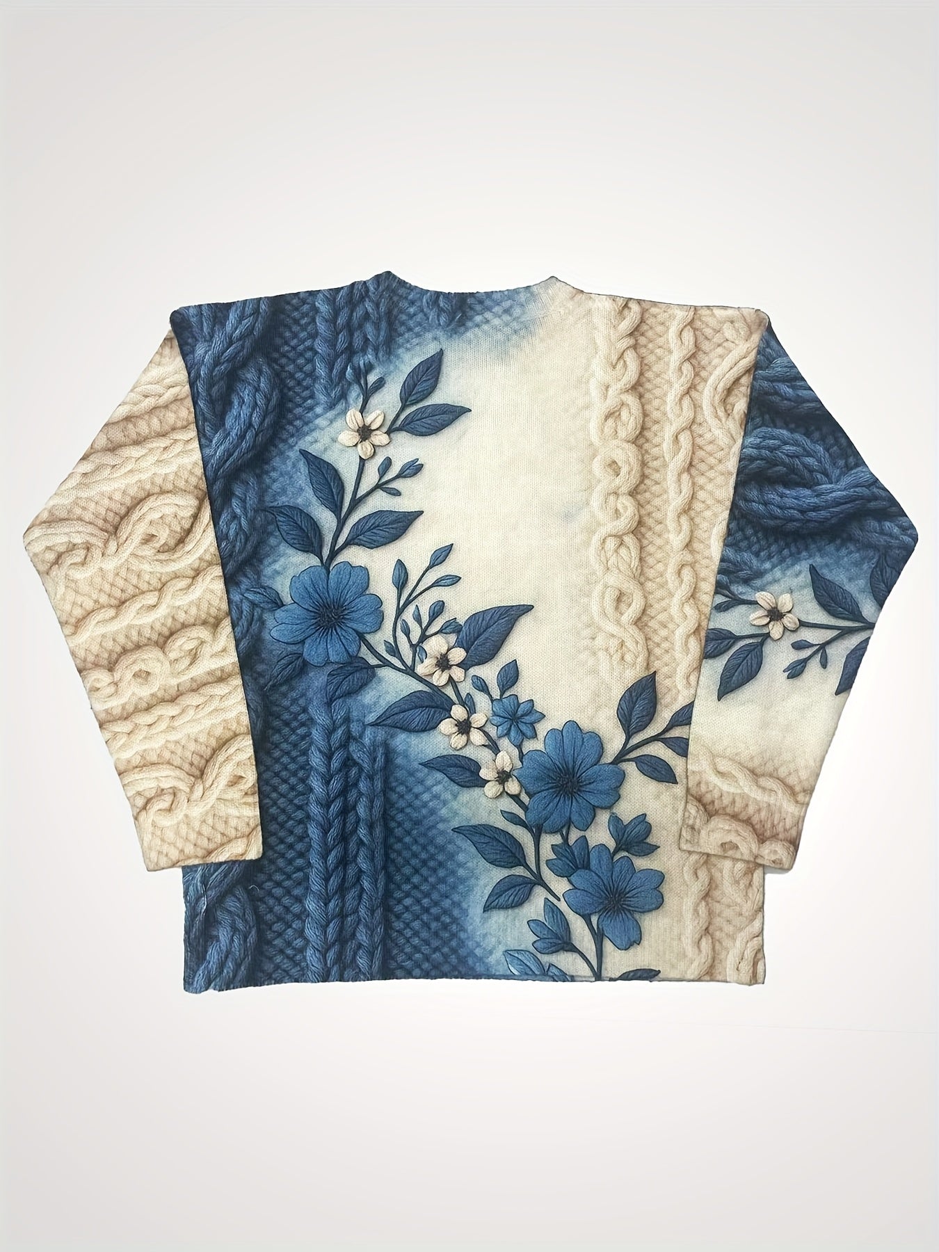 Women'S Long Sleeve Crew Neck Pullover - 3D Floral Print with Kink Cord Pattern, Gradual Change Blue/Beige Retro Style Casual Elegant Top, All-Season Comfort