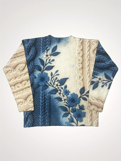 Women'S Long Sleeve Crew Neck Pullover - 3D Floral Print with Kink Cord Pattern, Gradual Change Blue/Beige Retro Style Casual Elegant Top, All-Season Comfort