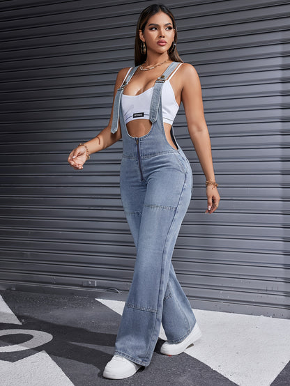 Women'S Clothing For Autumn And Summer, Women'S Summer Wear, Women'S Denim, Overalls, Adjustable Shoulder Straps, Loose Straight Legs, Wide-leg Denim Jumpsuits, Loose Jumpsuits
