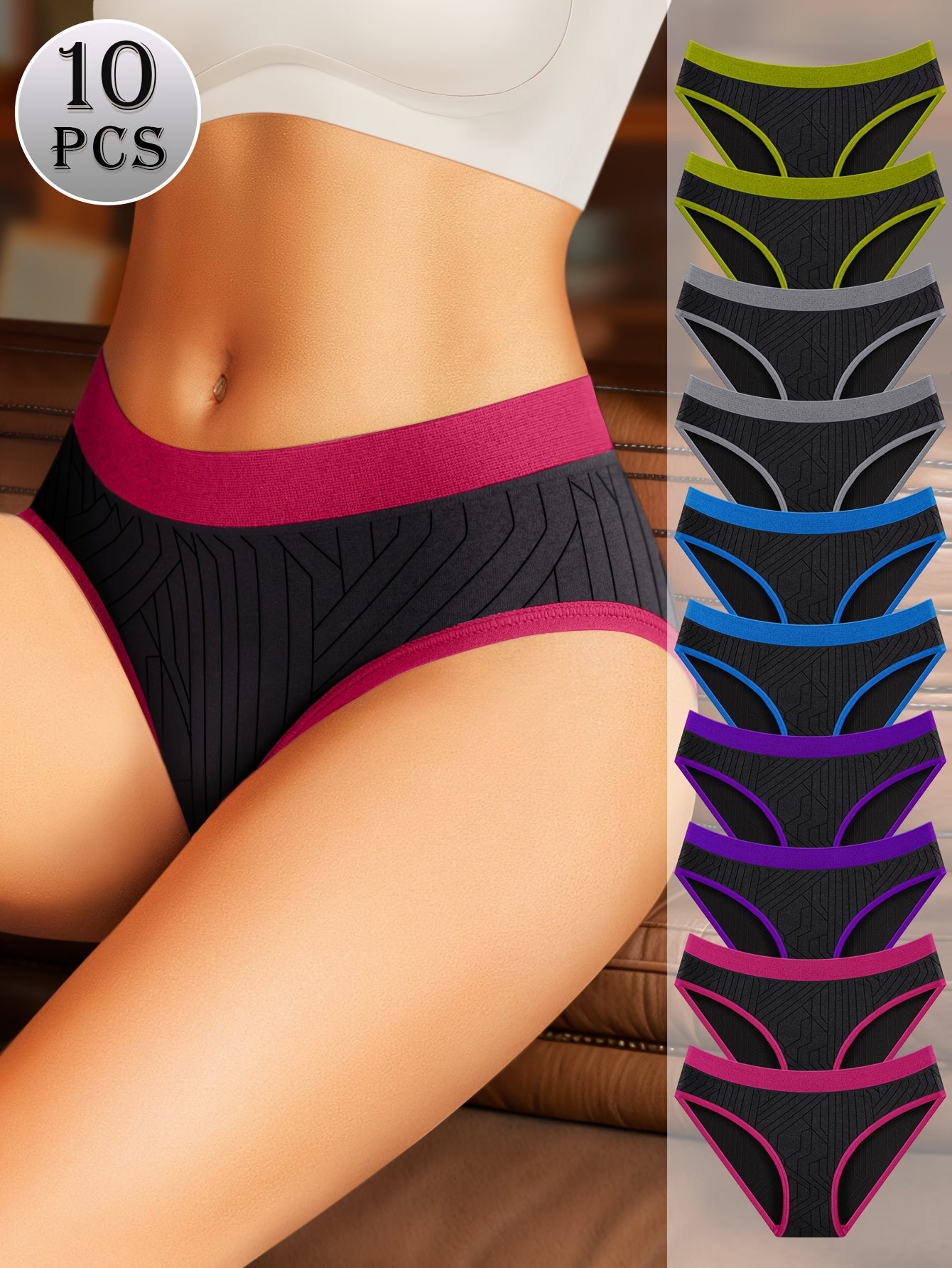 10pcs Contrast Binding Briefs, Hot Comfy & Breathable Intimates Panties, Women's Lingerie & Underwear