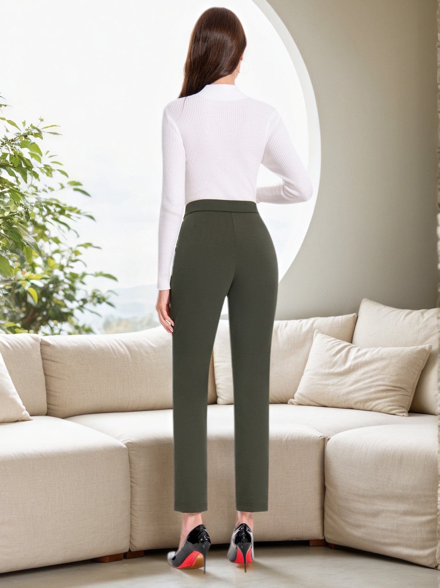 Women's High-Waist Skinny Pants - Stretch Pull-On Work Trousers with Elastic Waistband, Slim Straight Leg Dress Pants for Office, Business Casual & Year-Round Wear, Solid Color (Machine Washable) - Not Included
