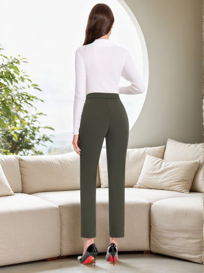 Women's High-Waist Skinny Pants - Stretch Pull-On Work Trousers with Elastic Waistband, Slim Straight Leg Dress Pants for Office, Business Casual & Year-Round Wear, Solid Color (Machine Washable) - Not Included