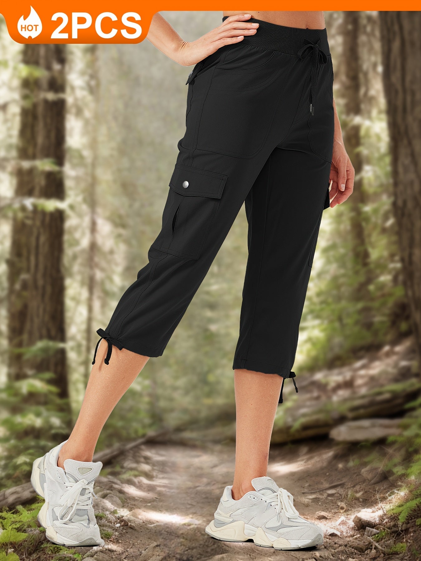 2pcs Women'S Cargo Capris Hiking Pants 50+ Quick Dry Outdoor Athletic Travel Lightweight Casual Loose Comfy Cute Pockets