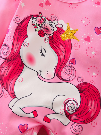 Fashionable Cute Unicorn Printed Pattern Footed Overalls 3pcs Set for Baby Girls, Perfect for Outdoor