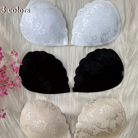1 Pair SAHOBBIEHOP Lace Adhesive Push Up Bra Inserts - Polyester 80%, Silicone 20%, Breathable, Strong Adhesion, Front Button Design, Non-Transparent, Wireless Support, Ideal for Wedding Dresses and Strapless Gowns