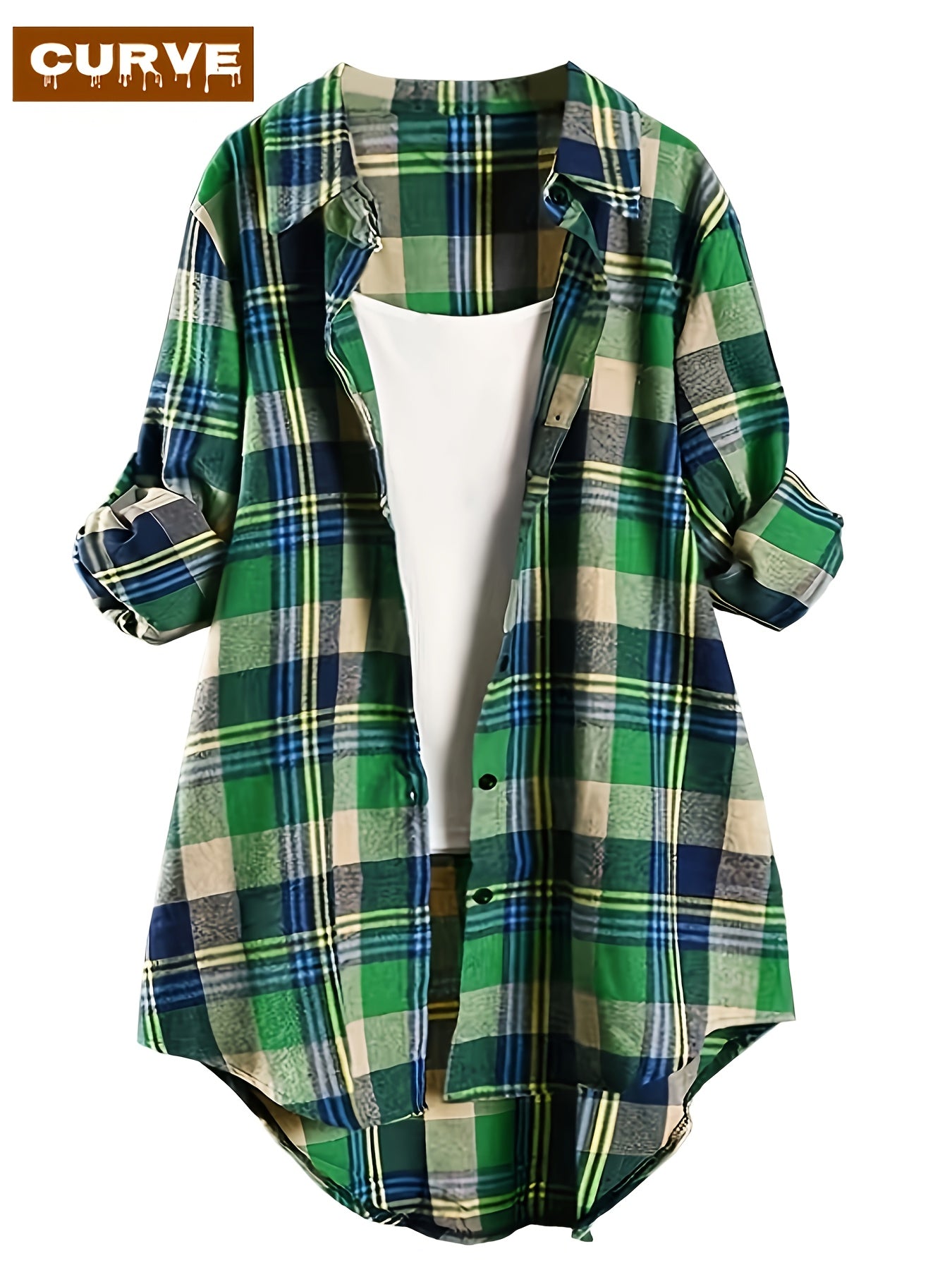 [Plaid Long Sleeve Shirt] For Plus Size - For Plus Size - Autumn And Winter Plaid Long Sleeve Button Up Casual Shirt - Plaid Print, Button Up Design, Pockets, Thin And Thick - A Versatile Shirt For Plus Size Ladies For Life And Work