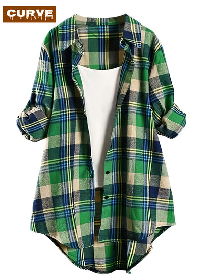 [Plaid Long Sleeve Shirt] For Plus Size - For Plus Size - Autumn And Winter Plaid Long Sleeve Button Up Casual Shirt - Plaid Print, Button Up Design, Pockets, Thin And Thick - A Versatile Shirt For Plus Size Ladies For Life And Work
