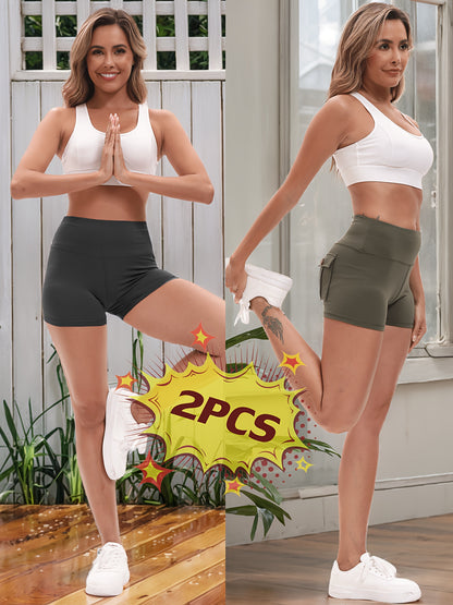 2pcs High Stretch Elastic Waist Cargo Shorts - Women's Shaping, Hip Lifting, Quick-Drying Fitness Pants with 2 Pockets, Solid Color Short Pants Set, Track Shorts Set