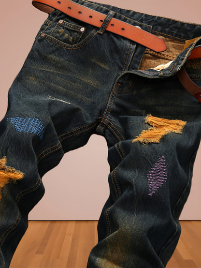 Men's Vintage Washed Straight-Leg Jeans - Mid-Rise Beltless Pants with Internal Zipper Closure, Machine Washable Suitable for Casual Casual Attire, - American High Street Style