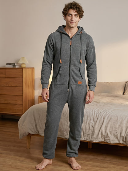 Lkwxsai Men'S Hooded Fleece Lining Jumpsuit, Long Sleeve Full Zipper Overalls with Kangaroo Pockets