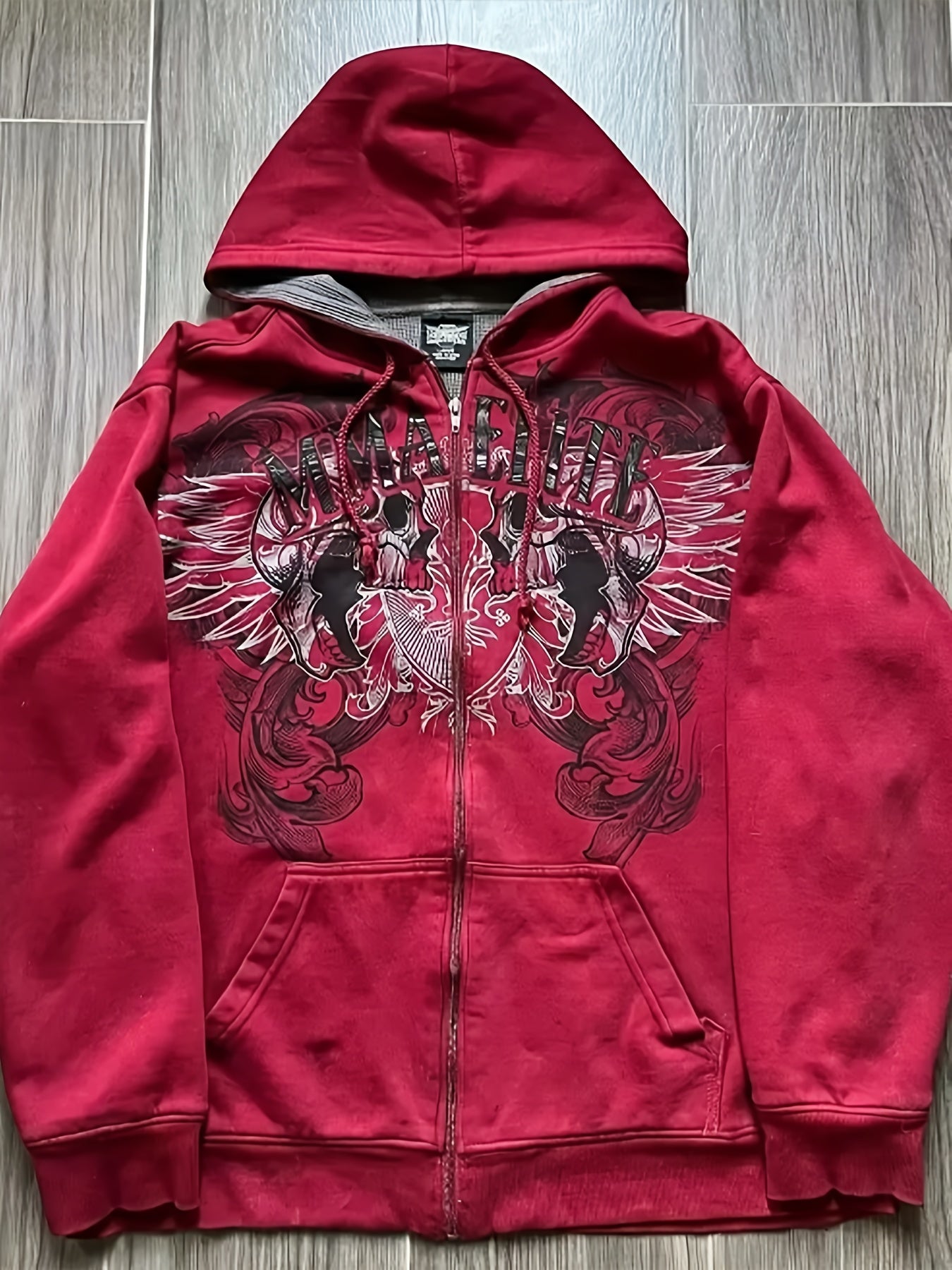 Y2K MMA Elite Zip Up Hoodie, Red Vintage Graphic Streetwear Jacket with Gothic Skull Wing Print, Full Zip Sweatshirt for Fall Winter, Unisex Hip Hop  Style Hoodie for Teens Men Women Couples, American Aesthetic Fashion Outerwear