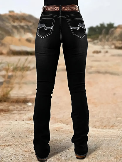 High-Waisted Bell-Bottom Jeans with a Black Irregular Pattern Embroidery on The Back Pocket, Featuring a Heavy Industry Contrast Color Wash, Cat Beard Design, And a Mature Retro Style Suitable for All Seasons