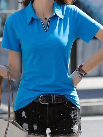 Women'S Casual V-Neck T-Shirt - Summer Short Sleeve Solid Color Top with Striped Collar & Waist Ribbon Detail, Machine Washable Regular Fit for Casual Attire, Comfortable Daily Tee, Stylish Ribon Detail, Smooth Fabric Tee