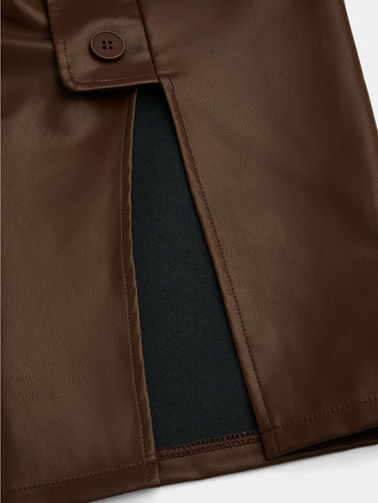 GlOURI Women's Brown Faux Midi Skirt - High Waist with Wide Belt & Side Button & Slit Detail | Slim-Fit Elegant Style for Casual Daily, Office Commute & Fashion Styling (Faux Durable & Figure-Flattering) for Edgy Looks