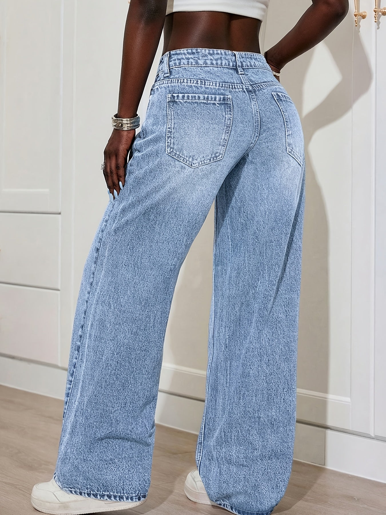 Women'S Denim Trousers Trendy Distressed Mid-Waist Ripped Leisure Straight-Leg Pants