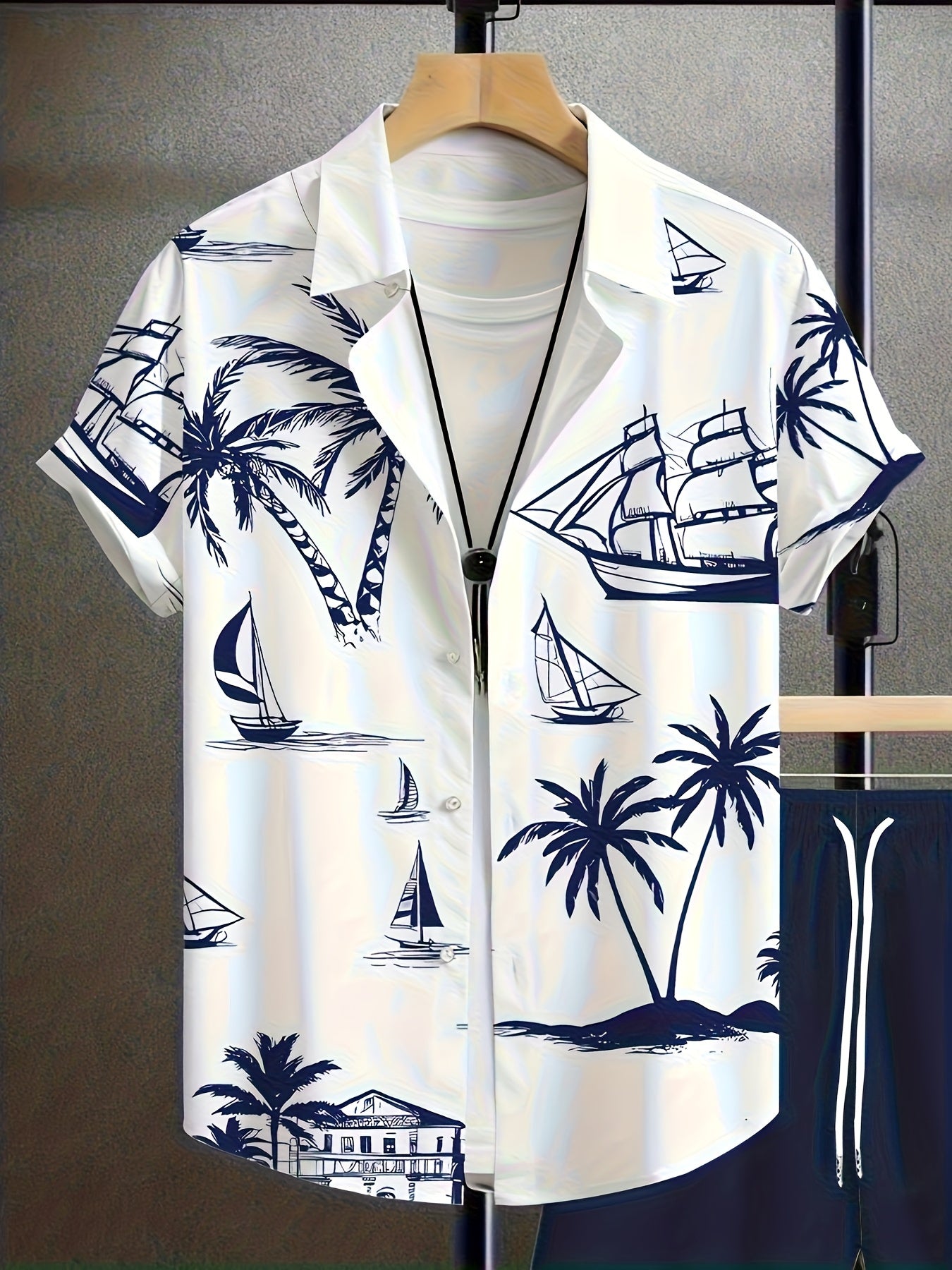 2pcs Summer Casual Daily Men's Shirt Shorts Set, Hawaiian Print Pattern, Suitable Outdoor Sports, Men's Beach Shorts Casual Round Neck Short Sleeve Shirt T-Shirt and Elastic Waistband Shorts, Ted Polyester Fabric, Washable