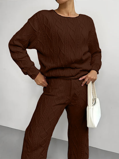 Women'S Sweatshirt Ensemble for Autumn/Winter 2025 - Featuring a Solid Color, Cable Patchwork, Long Sleeve Crew Neck Top And Cuffed Pants in a Two-Piece Outfit, Including a Pullover And Sweater, Perfect for Christmas And Fall