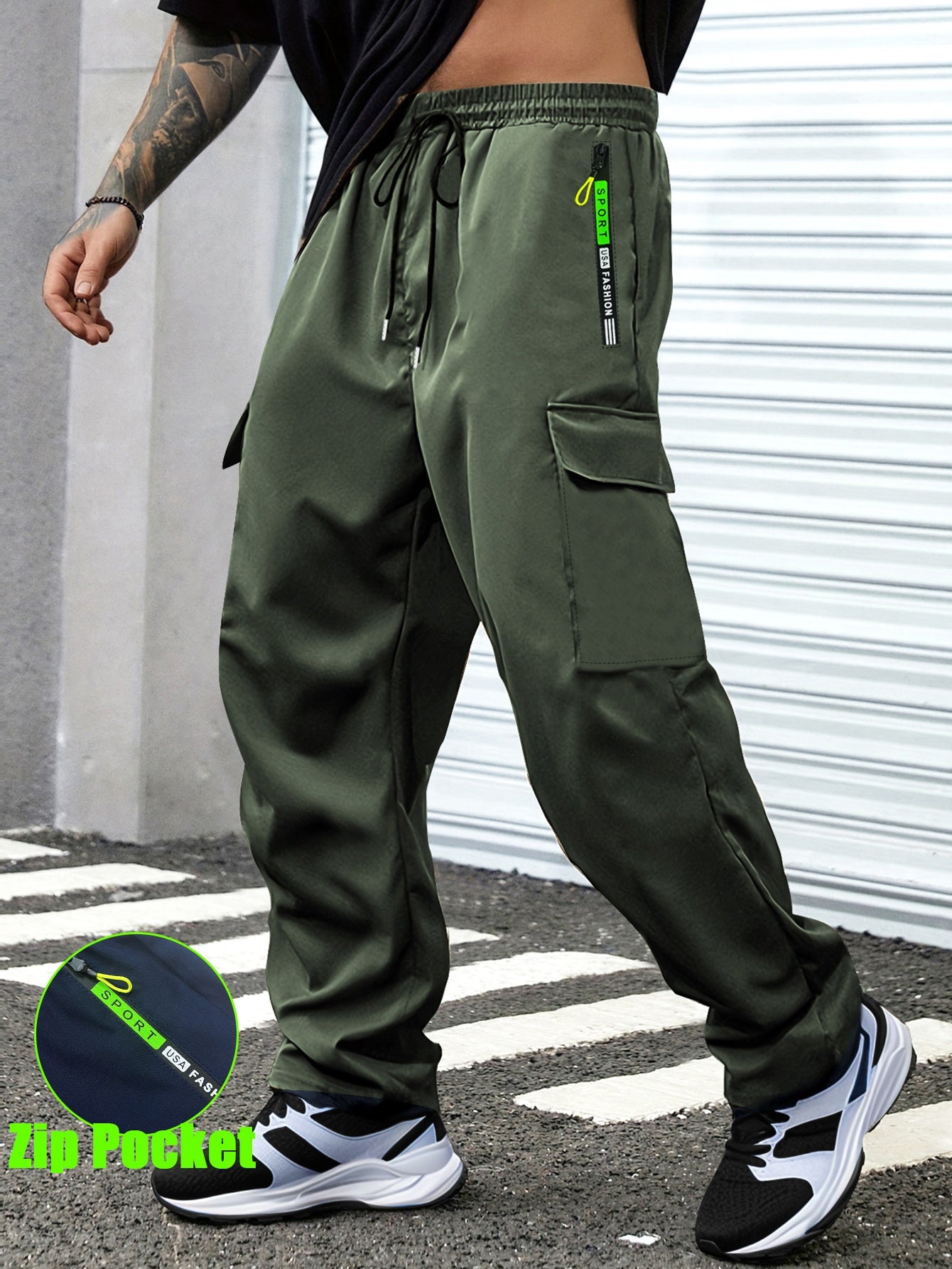 1pc Men'S Spring/Fall Cargo Pants with Large Zipper Pockets & Drawstring Waist - Olive Green Casual Outdoor Joggers for Hiking, Daily Wear, and Leisure Activities, Jogging Pants, Straight Leg Fit