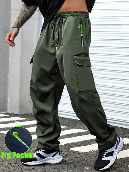 1pc Men'S Spring/Fall Cargo Pants with Large Zipper Pockets & Drawstring Waist - Olive Green Casual Outdoor Joggers for Hiking, Daily Wear, and Leisure Activities, Jogging Pants, Straight Leg Fit