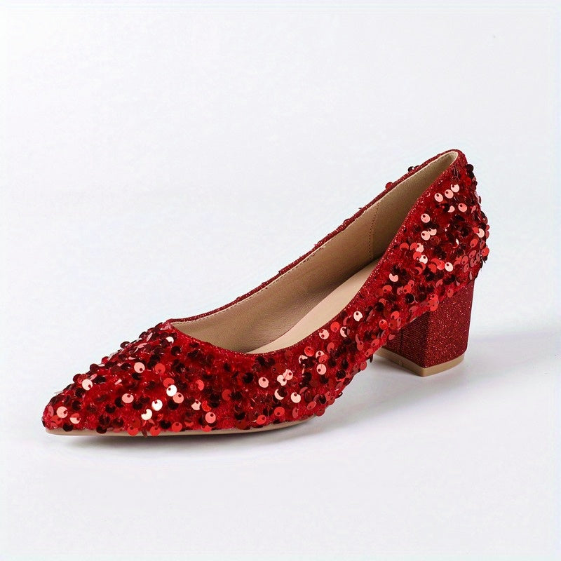 [Evening Party Wedding] Elegant High Heel Evening Party Wedding Dressy Shoes for Women, Pointed Toe, Chunky Heel, Sequin Embellishments Women Heels Red Shoes, Women Shoes