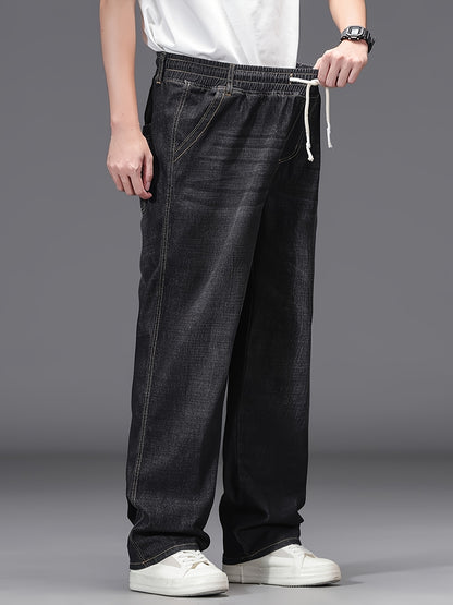 Large Size Jeans Men's Straight Leg Loose Fit Elastic Pants with Added And Extra Pants Elastic Waist Men's Simple And Versatile Denim Pants Men's Jeans Four Season Style, PLUS SIZE