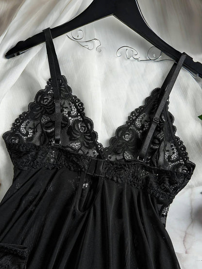 2pcs V-Neck Sexy Hot Contrast Lace Mesh Chemise Babydoll Naughty Lingerie Dress Set Nightwear Nightgown, All-Season Polyester Slip Dress Skimpy Clothes, Soft and Comfortable Sleepwear Intimate Apparel for Women, Christmas Gifts New Year Anniversay Dating