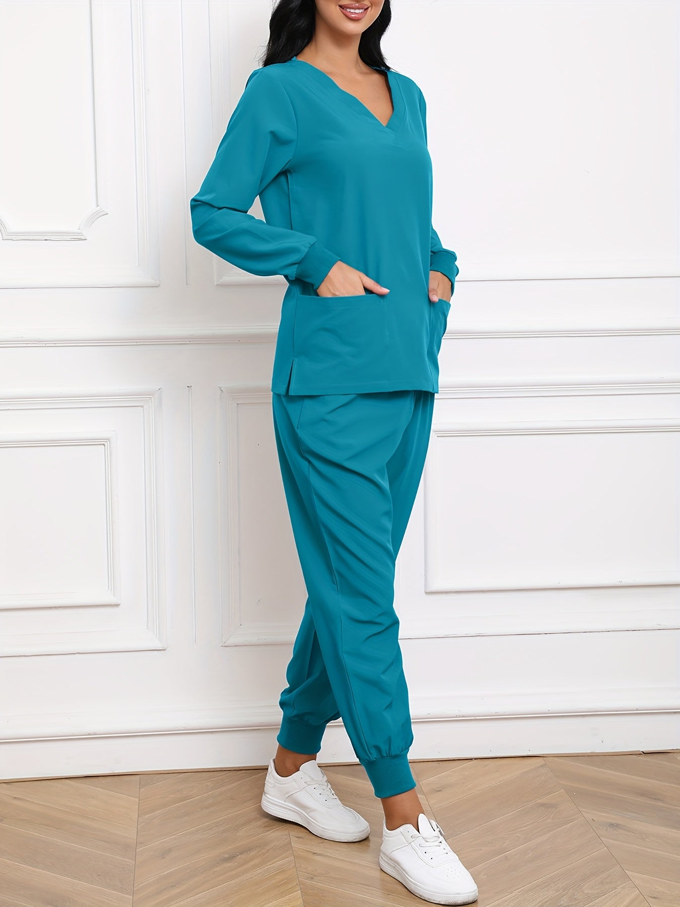 Women'S V-Neck Long Sleeve Elastic Uniform Set with Pockets, Breathable Stretch Top And Waist Cord Pocket Pants Two-Piece Set