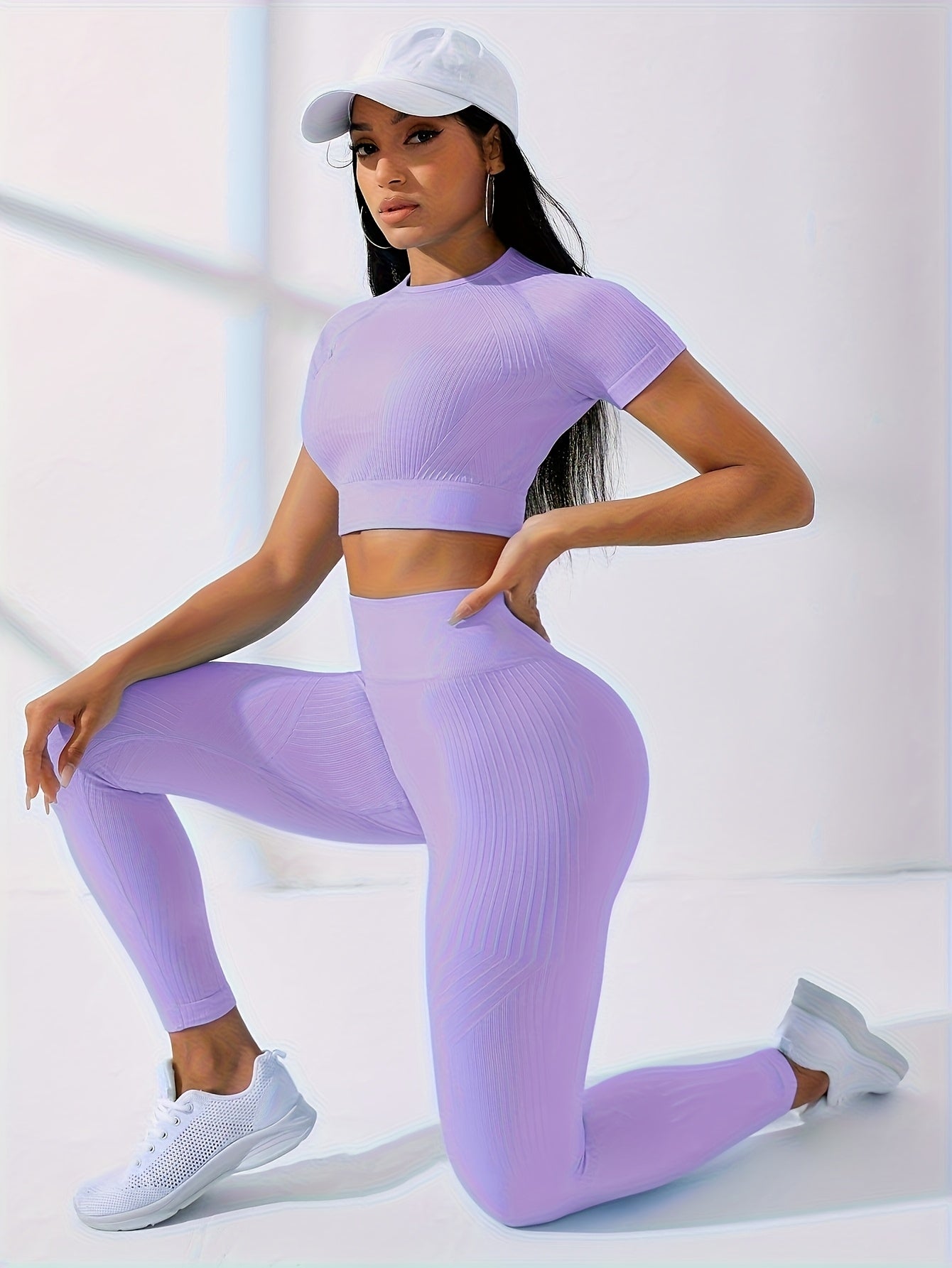 Women's 2pcs Workout Set - Yoga Top & Leggings, Crew Neck, Medium Stretch, Solid Color, All-Season Activewear, Workout