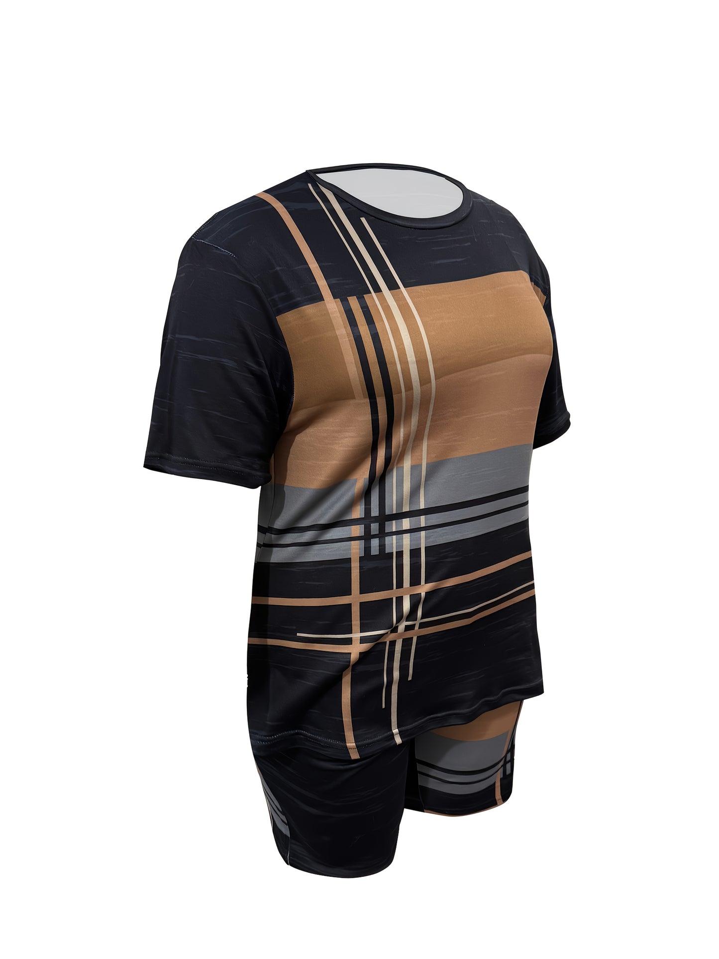 [Casual Printing Suit] Plus Size - Ladies Striped Short-Sleeved Shorts Fashion Casual Printing Suit, Pockets, Bullets, Suitable For Everyday Wear