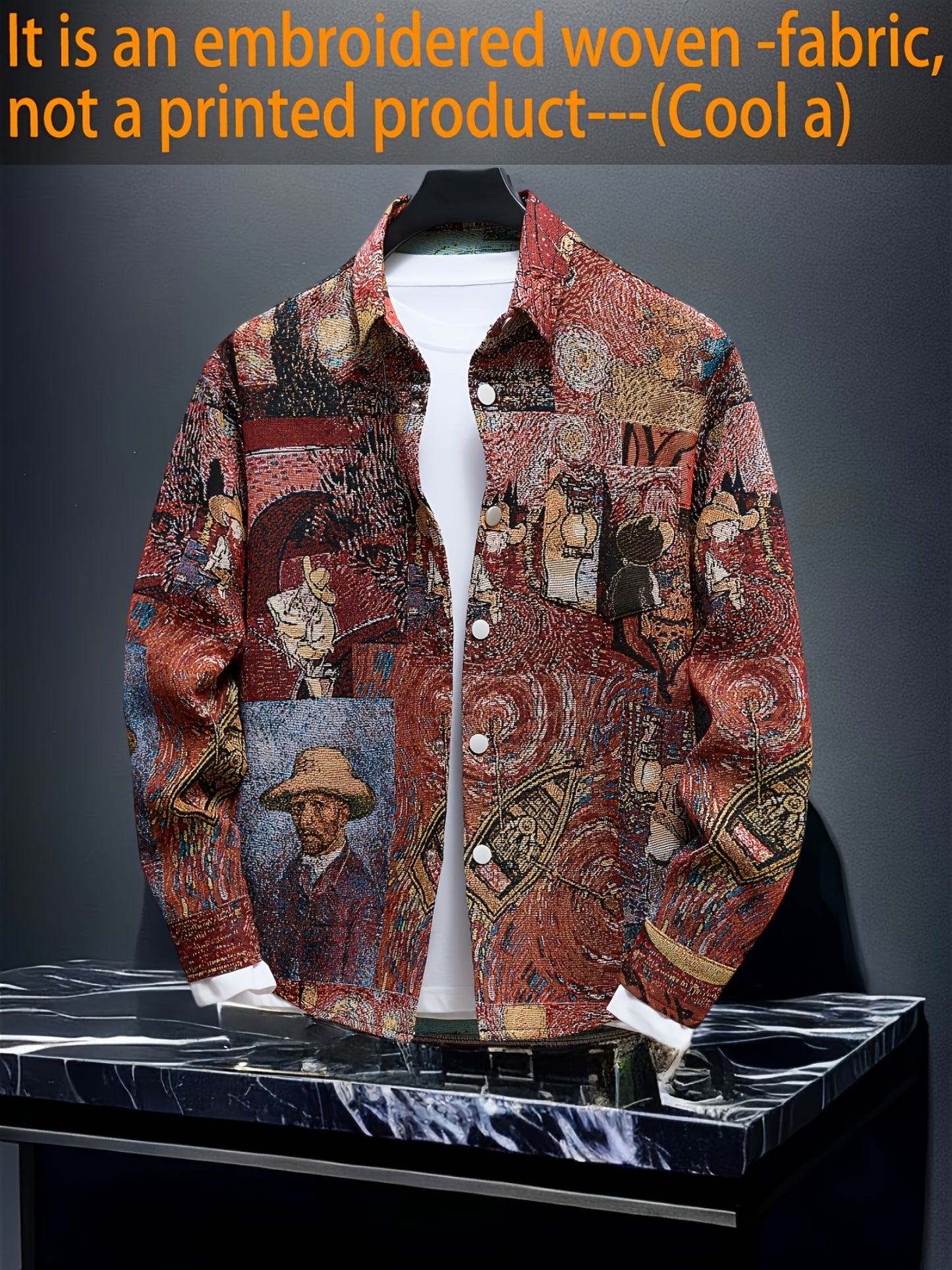 Men'S Slim-Fit Long Sleeve Shirt - Van Gogh-Inspired for Artistic Button-Up Shirt, Formal & Casual Attire, Machine Washable Polyester Blazer - Ideal Gift for Art Lovers, Casual Streetwear, Streetstyle Aesthetic, Versatile Clothing