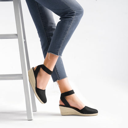 Women's Elastic Ankle Strap Espadrilles Wedge Sandals Summer Wedge Sandals Elastic Ankle Strap Espadrilles Platform Closed Toe High Heel Stretch Textile Bridal Shoes
