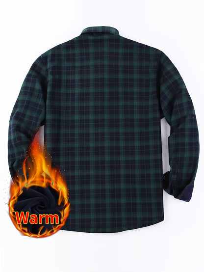 Men's Winter Flannel Plaid Shirt - Thick Warm Fleece-Lined Long Sleeve with Dual Chest Pockets, Casual Button-Up Collar for Cold Weather, Wrinkle-Resistant Soft Plaid Pattern in Navy/Red, Winter Clothes for Men, Mens Winter Clothes