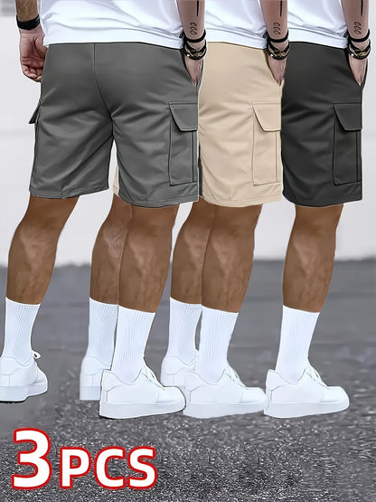 3pcs Men's Cargo Shorts, Casual Athletic Shorts - Multi-Pocket Ripstop, (Includes Wristband) Adjustable Waist (Black, Gray, Khaki) - Outdoor & Travel