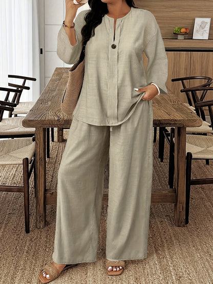 Plus Size, Autumn And Winter New Style, Plus Size Women's Casual Long-sleeved Shirt And Loose Pants 2pcs Set