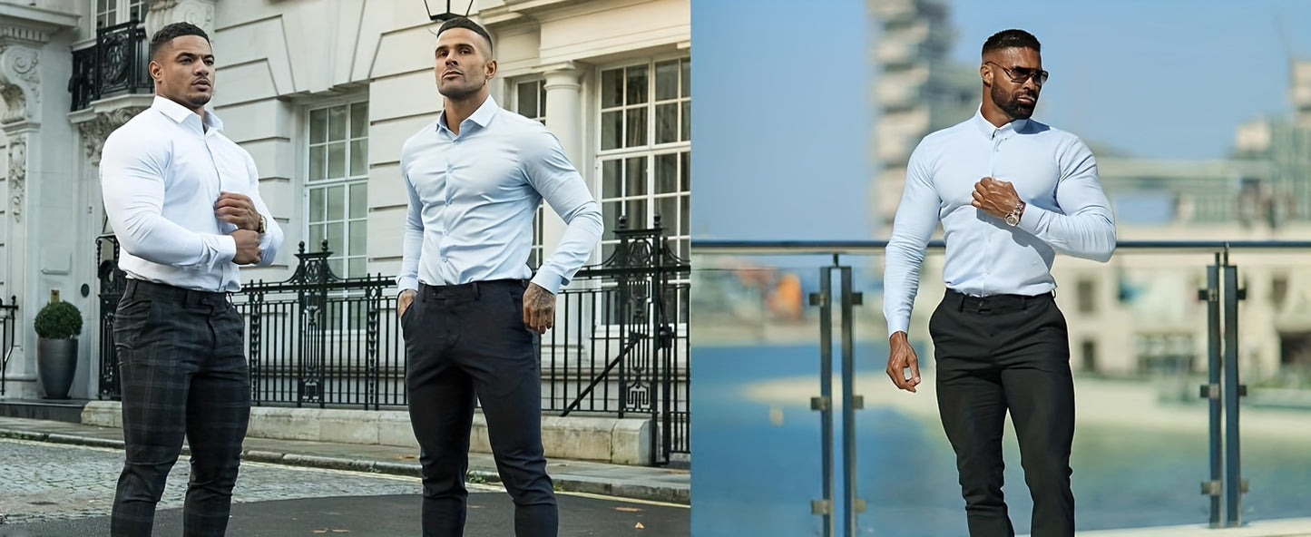 URRU Men's Muscle Fit Slim Stretch Dress Shirt - 4-Way Stretch Fabric (65% Rayon/25% Nylon/10% Spandex), Square Collar, Long Sleeve Button- Casual Shirt for All-Season Wear, Machine Washable Solid Color, Versatile Menswear, Classic Collar Design