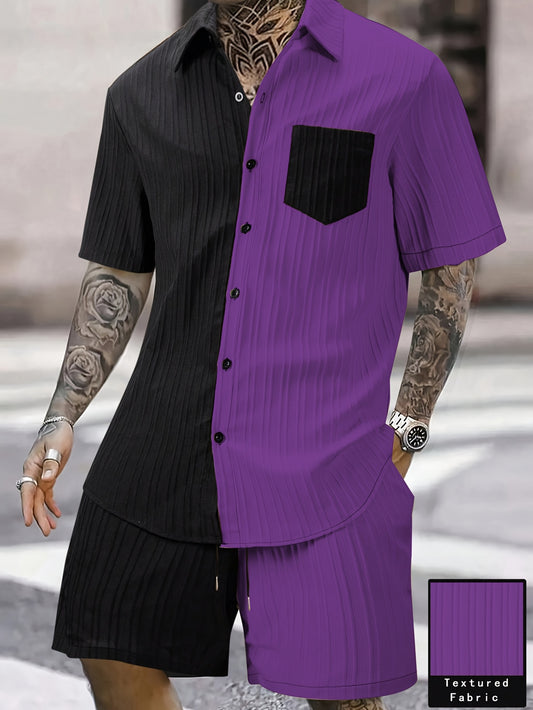 A Two-Piece Set for Men Featuring a Short-Sleeve Shirt with a Wave-Textured Fabric And Pockets, Paired with Color-Blocked Shorts, Perfect for Casual Summer Wear