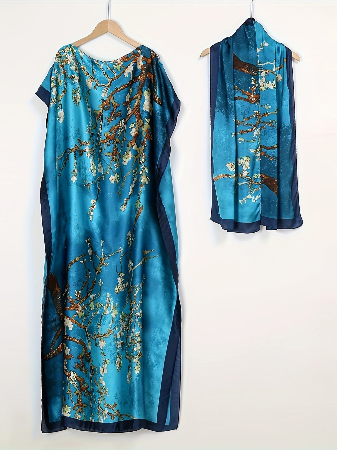 2pcs Elegant Batwing Sleeve Kaftan Set with Floral Print - Loose Fit, Asymmetrical Design, Perfect for All Seasons, Allseason Outfit|Floral Print Kaftan|Asymmetrical Hemline, Kaftan Dress