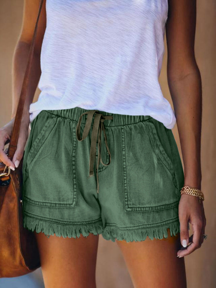 Elastic Waist High Rise Denim Shorts Women'S Hem Fringe Shorts Comfort Stretch Fit Casual Summer Bottoms