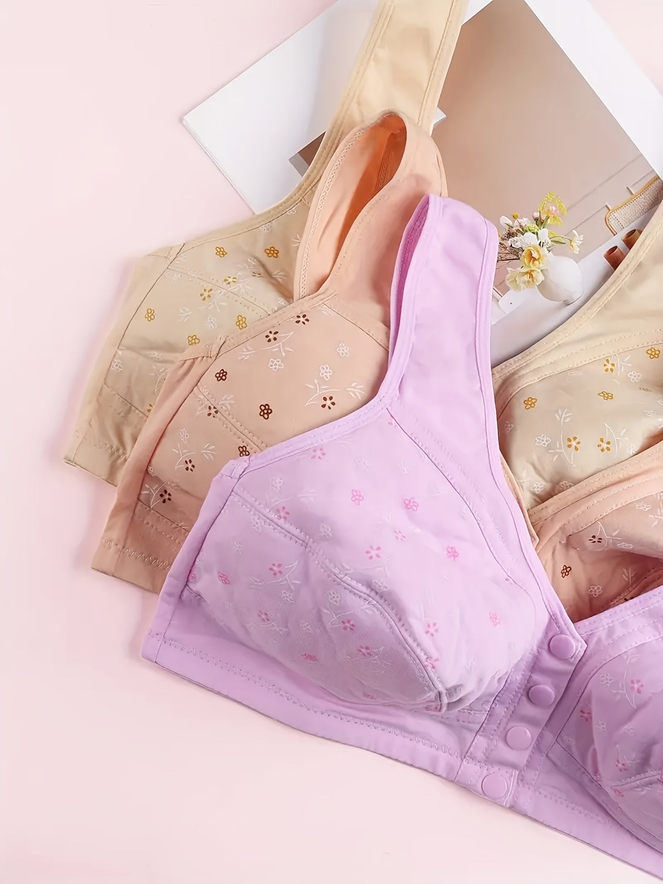 3pcs Plus Size Printed Front-Closure Bra Set Elegant Full-Cup Wire-Free Comfort Bras Women's Lingerie & Underwear Sets Everyday Bras Fashion Underwear Skin-Friendly Fabric Soft Material Padded Bras Seamless Underwear