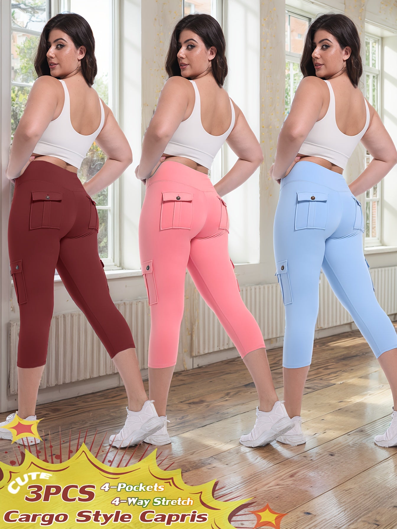 3-packs High Waist Yoga Capri Pants 3pcs Capri Pants Set, 4 Way Stretch Butt Lifting Tummy Control, 4 Button Pockets Workout Running Sports Pants