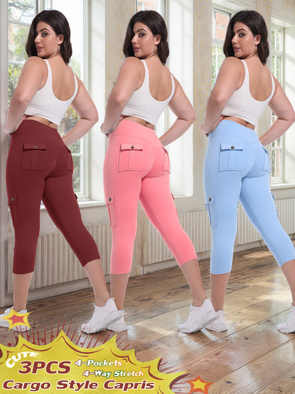 3-packs High Waist Yoga Capri Pants 3pcs Capri Pants Set, 4 Way Stretch Butt Lifting Tummy Control, 4 Button Pockets Workout Running Sports Pants