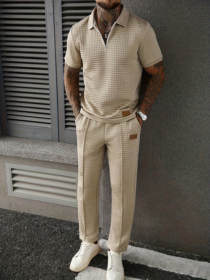 2pcs Men's Summer Commuter Casual Suit: Textured Fabric Half-zip Shirt Paired with Stitched Front Trousers, 2pcs Menswear, Vintage Style, Comfortable Fit.