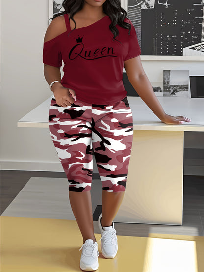 Plus Size - Ladies Plus Size Daily Casual One-Shoulder Short Sleeve Two-Piece Outfit, Diagonal Shoulder Design, Slim Fit Camouflage Pants Suit With Letter Print.