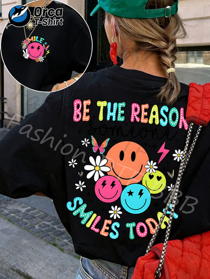A Casual Women'S T-Shirt Made of 100% Featuring a Retro Print of Smiling Face Daisies That Radiate Positive Energy. This Y2K Style Has Short Sleeves And a Loose Round Neck