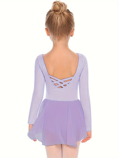Girls' Classic Long Sleeve Ballet Leotard with Crisscross Back Detail - Stretchy Polyester Dance Dress for Parties, Birthdays & Sports Events, Perfect for Outdoor, All Seasons, Gift for Back-To-School Season, Beach Essentials