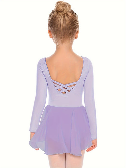 Girls' Classic Long Sleeve Ballet Leotard with Crisscross Back Detail - Stretchy Polyester Dance Dress for Parties, Birthdays & Sports Events, Perfect for Outdoor, All Seasons, Gift for Back-To-School Season, Beach Essentials