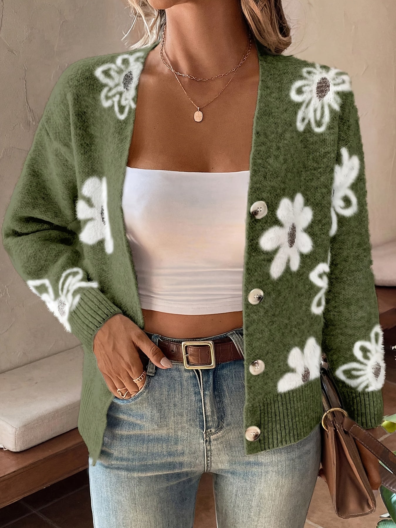 Women's Printed Button Cardigan V-neck Drooping Shoulder Coat